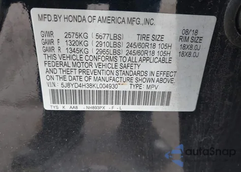 2019 Acura Mdx Standard z USA, uszkodzony, nr VIN 5J8YD4H38KL004930